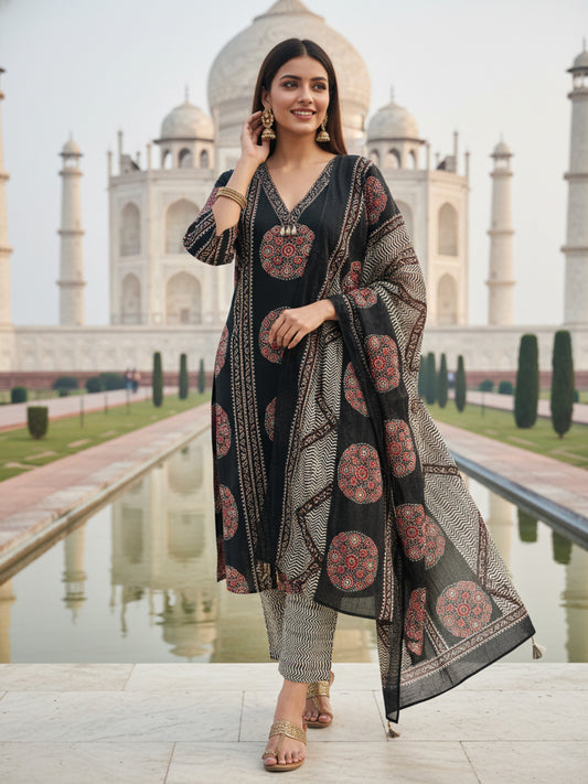 Ajrakh Printed Straight Fit Kurta with Pant and Pure Cotton Dupatta - Black