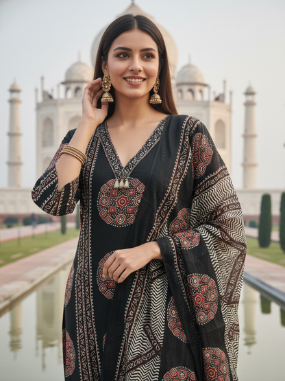 Ajrakh Printed Straight Fit Kurta with Pant and Pure Cotton Dupatta - Black