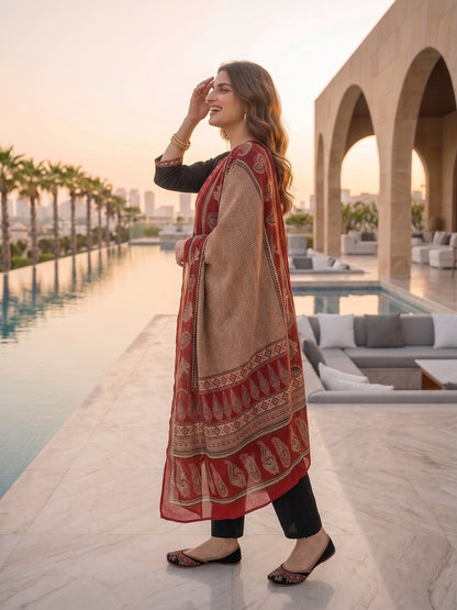 Ethnic Printed Mirror Work A-Line Kurta with Palazzo and Dupatta - Black
