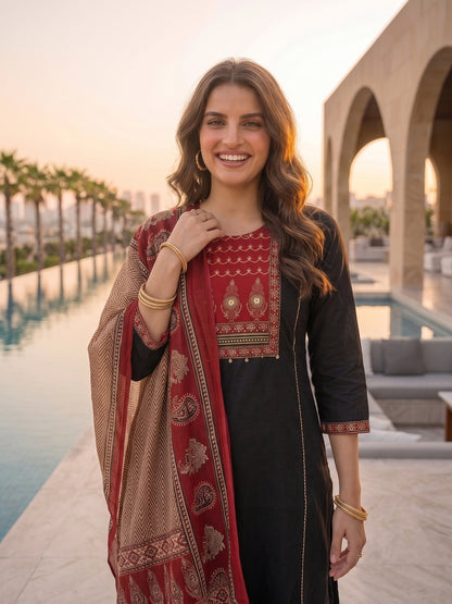 Ethnic Printed Mirror Work A-Line Kurta with Palazzo and Dupatta - Black