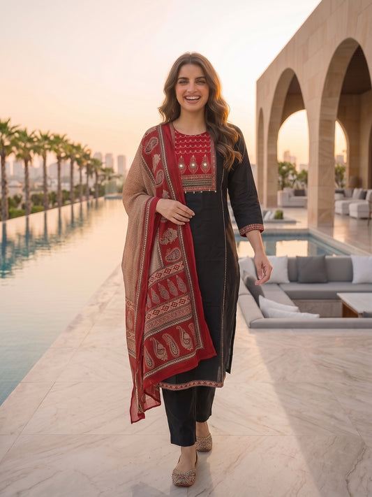 Ethnic Printed Mirror Work A-Line Kurta with Palazzo and Dupatta - Black