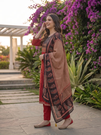 Ethnic Printed Mirror Work A-Line Kurta with Palazzo and Dupatta - Maroon