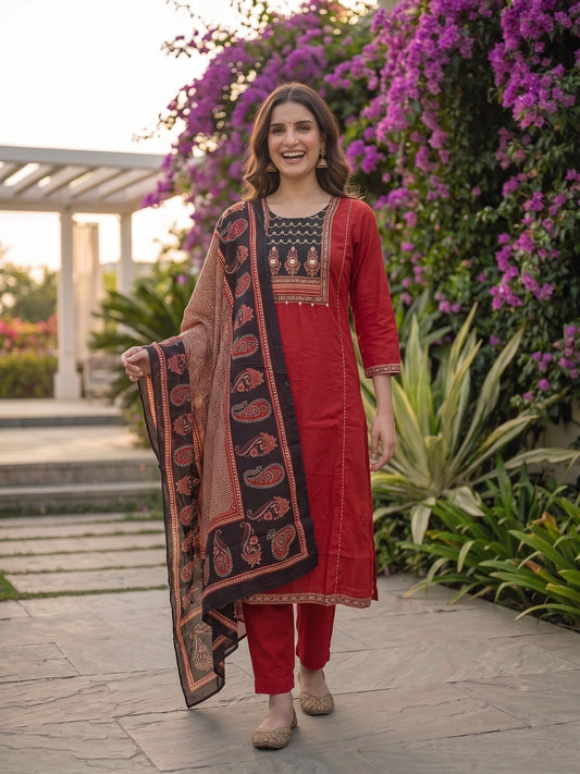 Ethnic Printed Mirror Work A-Line Kurta with Palazzo and Dupatta - Maroon