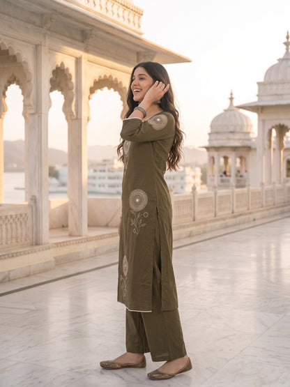Solid Floral Patchwork A-Line Kurta with Palazzo & Dupatta - Olive Green