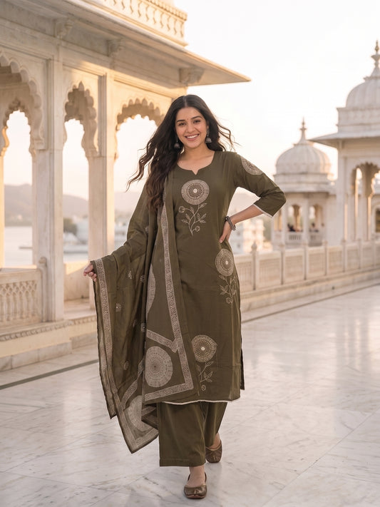 Solid Floral Patchwork A-Line Kurta with Palazzo & Dupatta - Olive Green