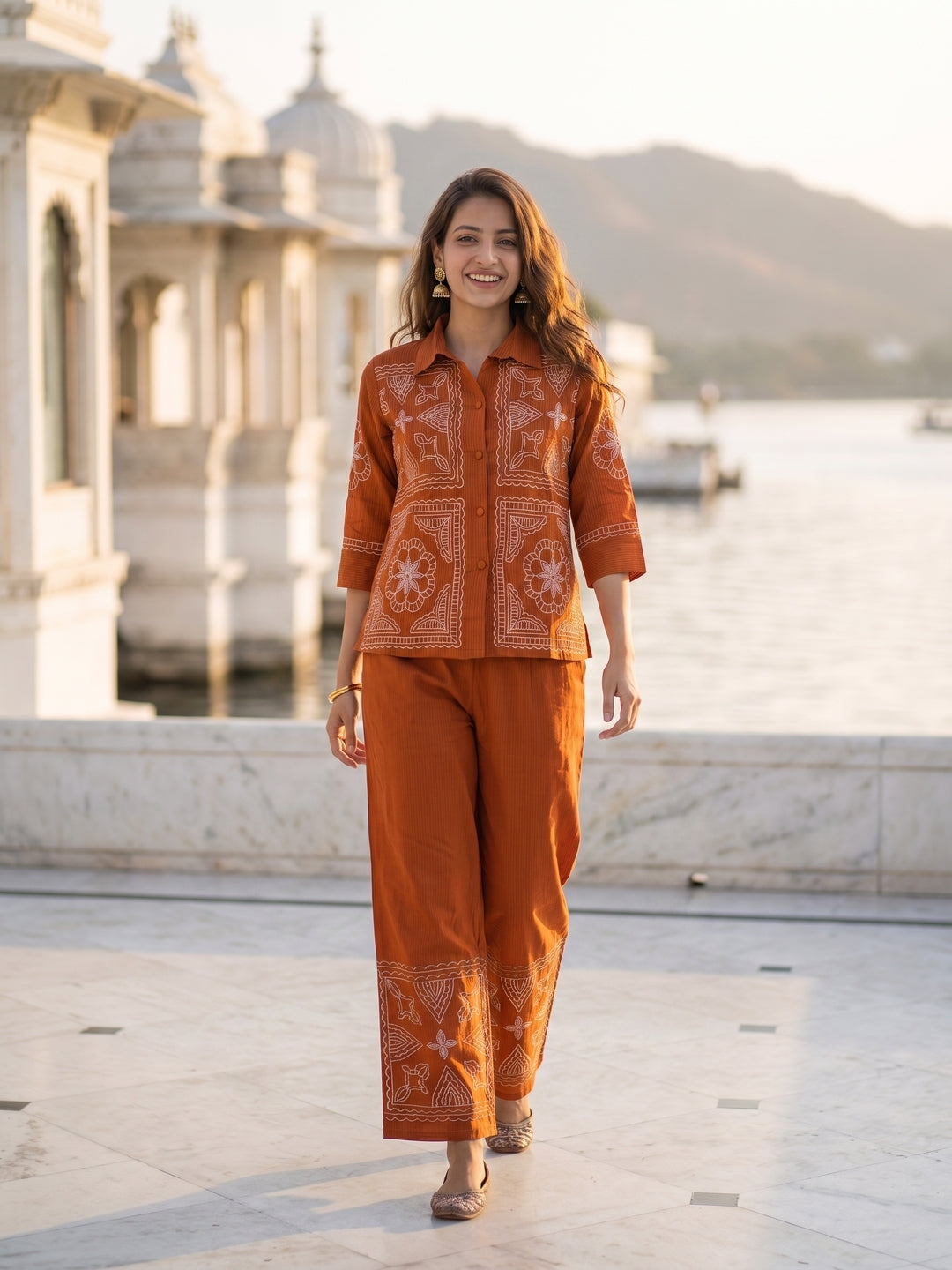 Rust Pinstripe Cotton Embroidered Shirt & Palazzo Co-ord Set