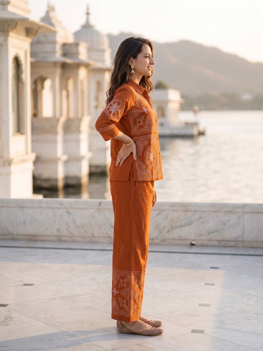 Rust Pinstripe Cotton Embroidered Shirt & Palazzo Co-ord Set