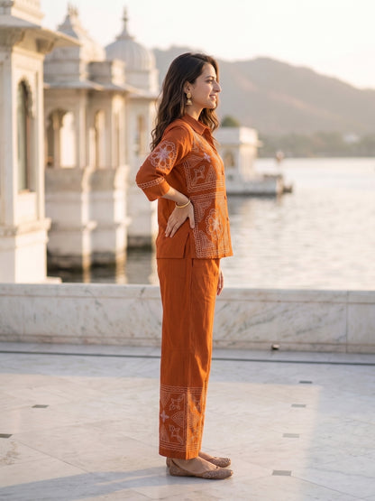 Rust Pinstripe Cotton Embroidered Shirt & Palazzo Co-ord Set