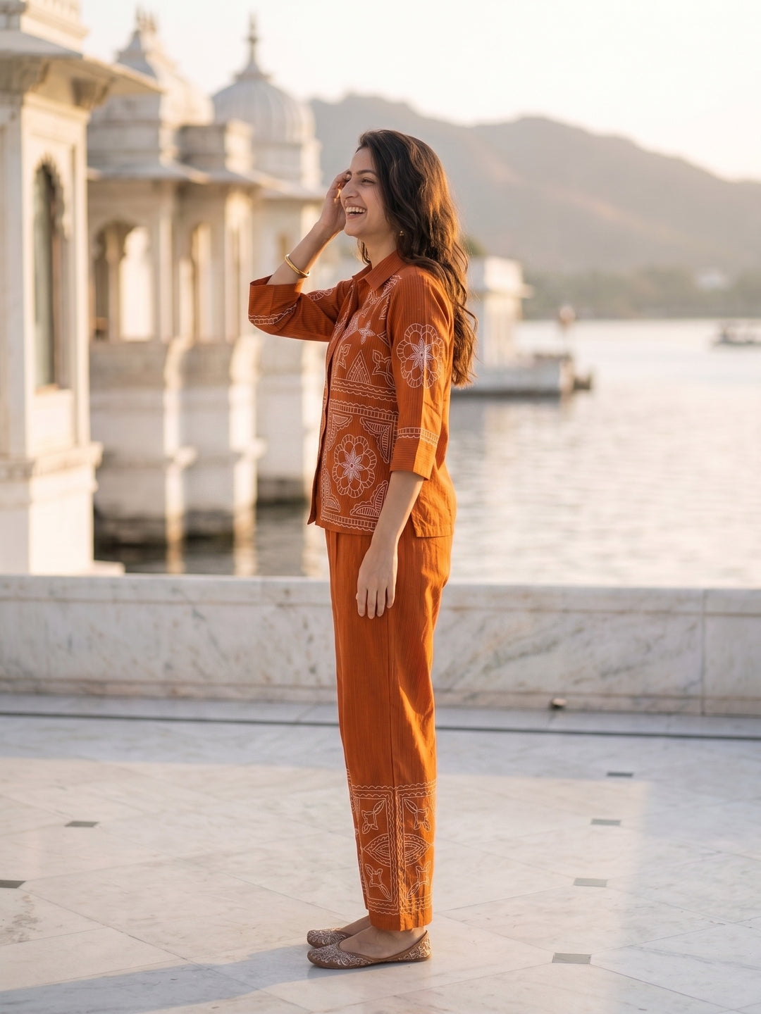 Rust Pinstripe Cotton Embroidered Shirt & Palazzo Co-ord Set