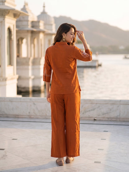 Rust Pinstripe Cotton Embroidered Shirt & Palazzo Co-ord Set