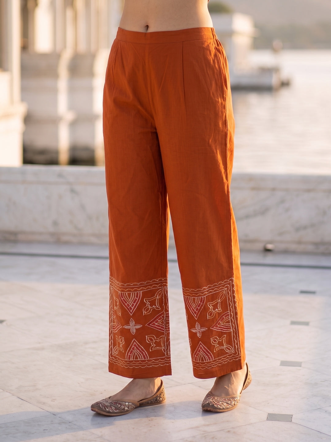 Rust Pinstripe Cotton Embroidered Shirt & Palazzo Co-ord Set