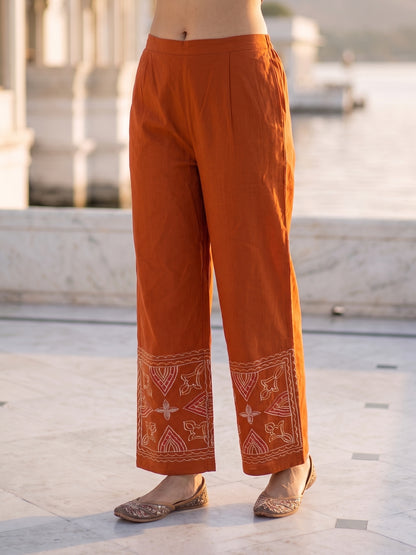 Rust Pinstripe Cotton Embroidered Shirt & Palazzo Co-ord Set