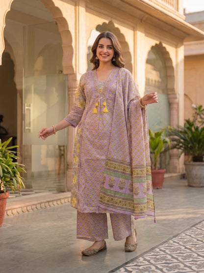 Ethnic Printed Straight Kurta with Pyjama & Dupatta - Lavender