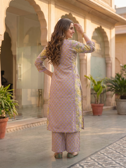 Ethnic Printed Straight Kurta with Pyjama & Dupatta - Lavender