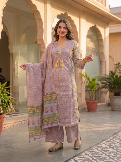 Ethnic Printed Straight Kurta with Pyjama & Dupatta - Lavender