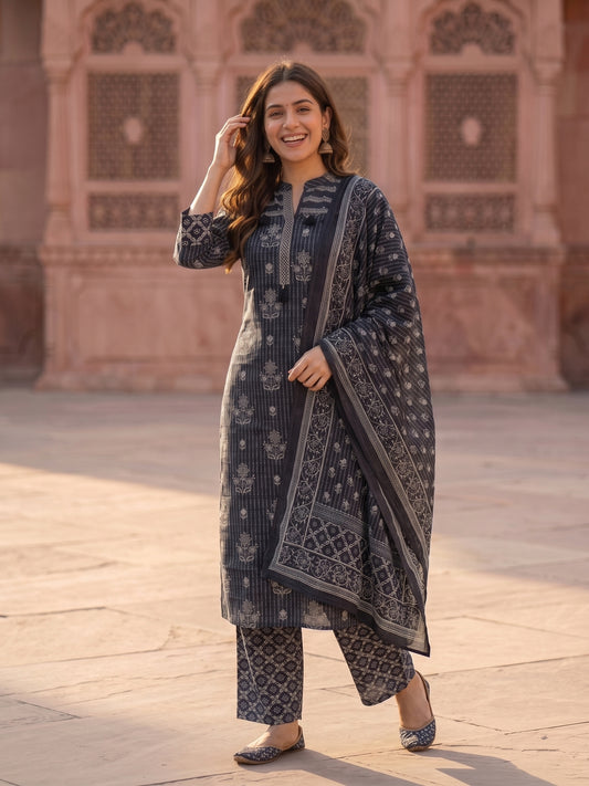 Ethnic Printed Straight Kurta with Palazzo & Dupatta - Charcoal