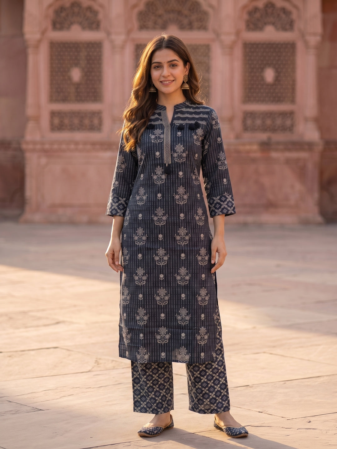 Ethnic Printed Straight Kurta with Palazzo & Dupatta - Charcoal