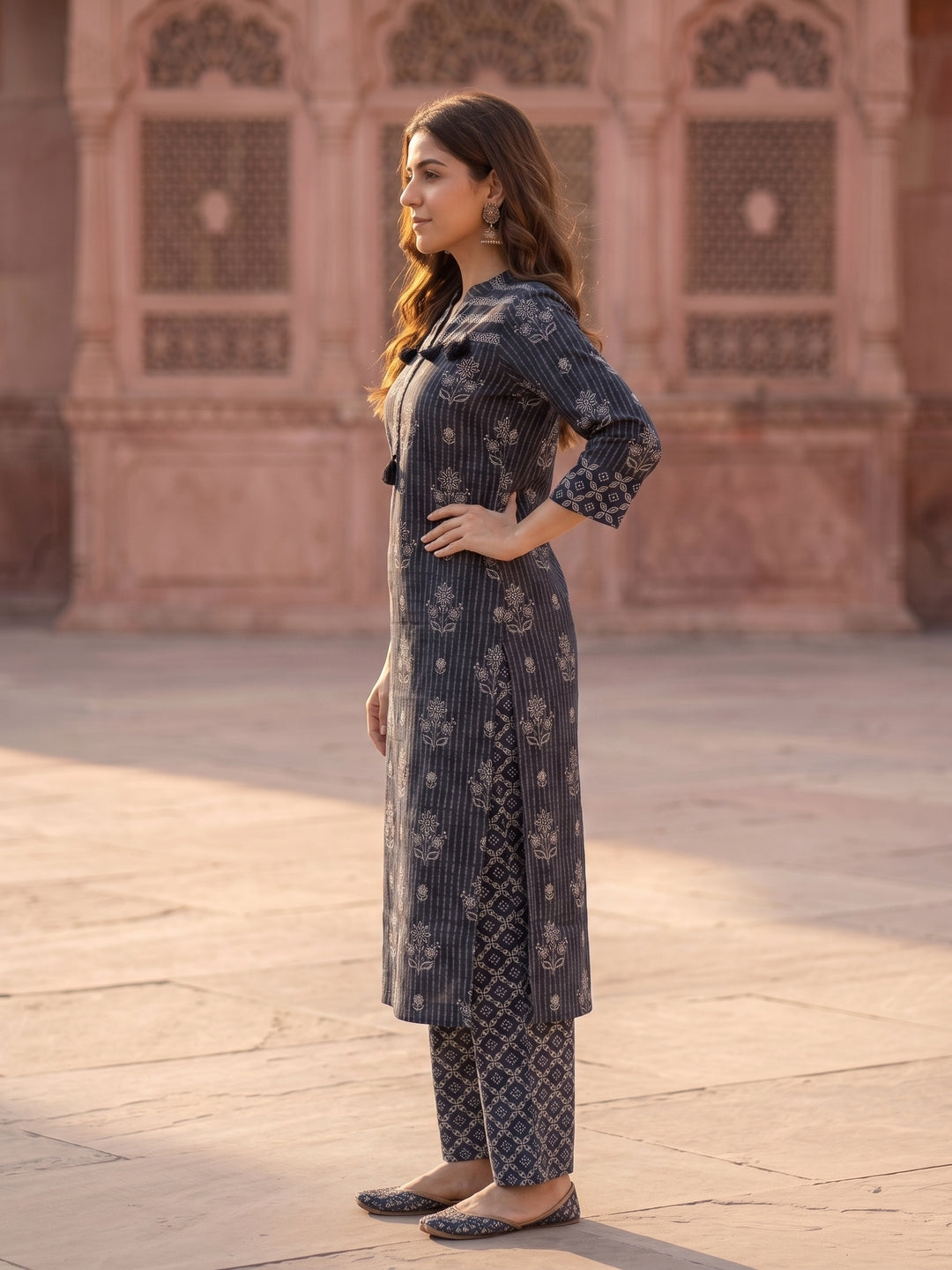Ethnic Printed Straight Kurta with Palazzo & Dupatta - Charcoal