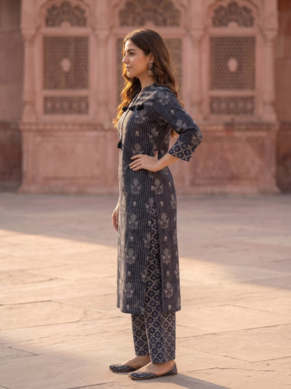 Ethnic Printed Straight Kurta with Palazzo & Dupatta - Charcoal