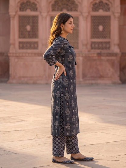Ethnic Printed Straight Kurta with Palazzo & Dupatta - Charcoal