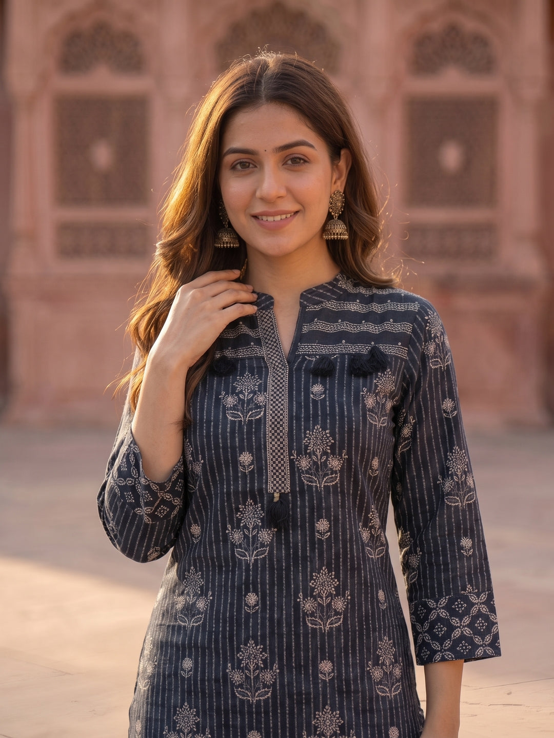Ethnic Printed Straight Kurta with Palazzo & Dupatta - Charcoal