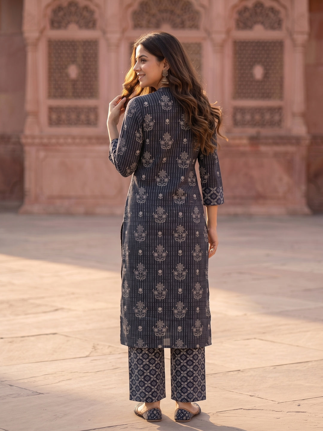 Ethnic Printed Straight Kurta with Palazzo & Dupatta - Charcoal