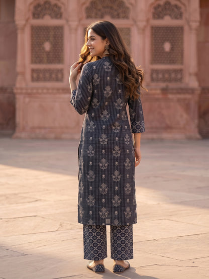 Ethnic Printed Straight Kurta with Palazzo & Dupatta - Charcoal