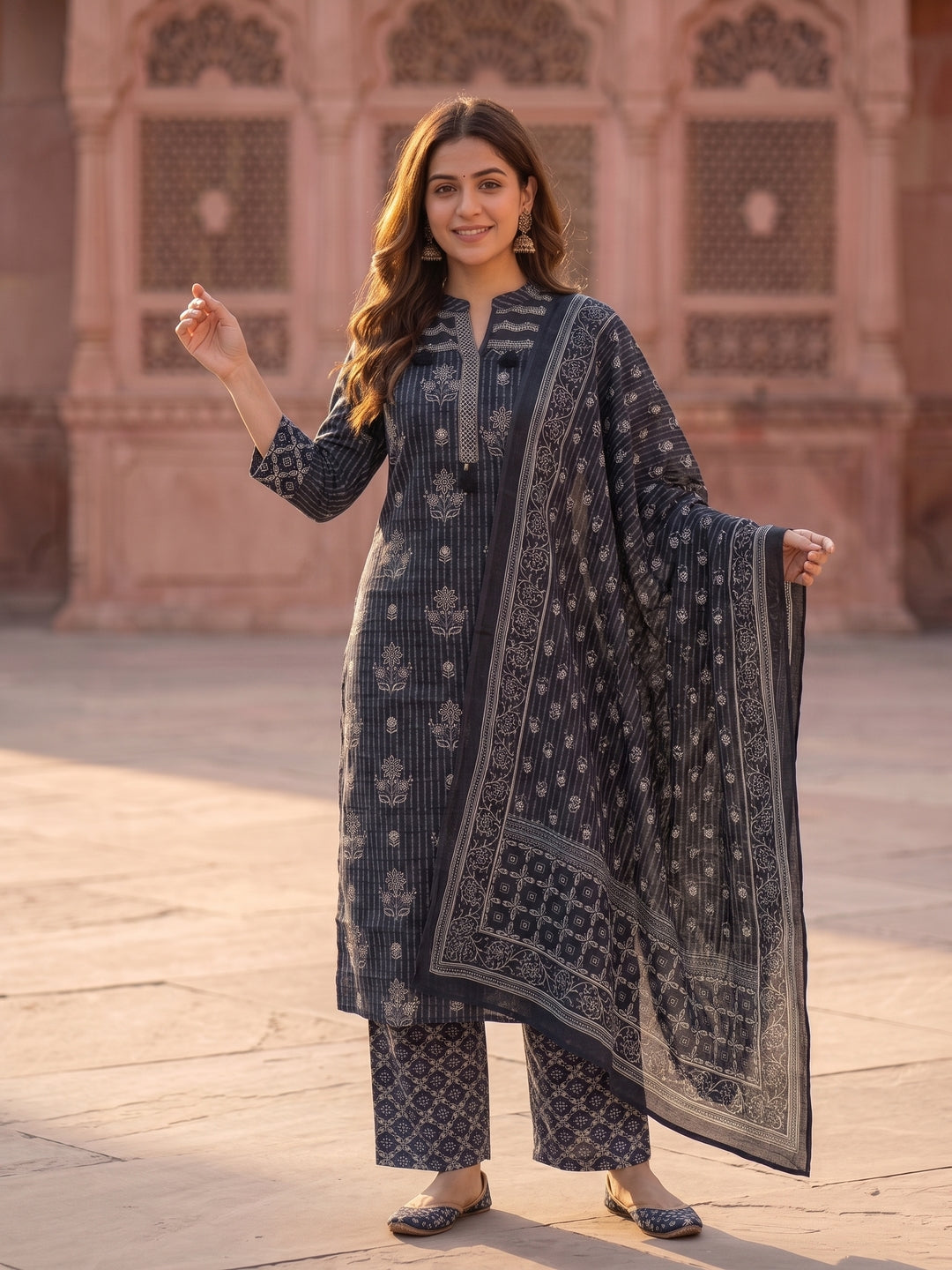 Ethnic Printed Straight Kurta with Palazzo & Dupatta - Charcoal