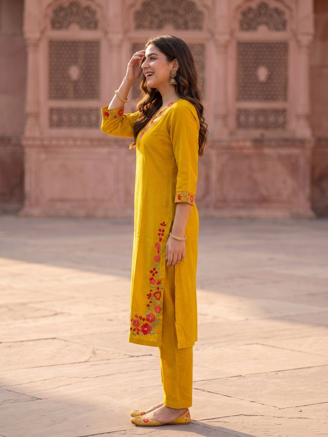 Solid Embroidered Straight Kurta with Pant & Dupatta - Mustard