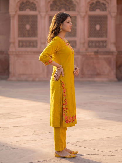 Solid Embroidered Straight Kurta with Pant & Dupatta - Mustard