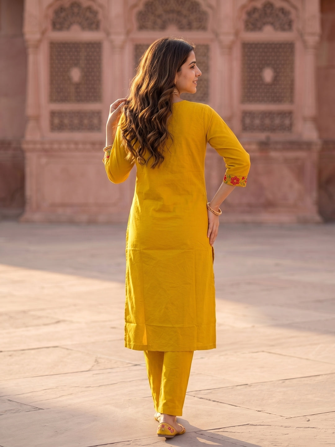 Solid Embroidered Straight Kurta with Pant & Dupatta - Mustard