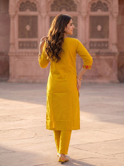 Solid Embroidered Straight Kurta with Pant & Dupatta - Mustard