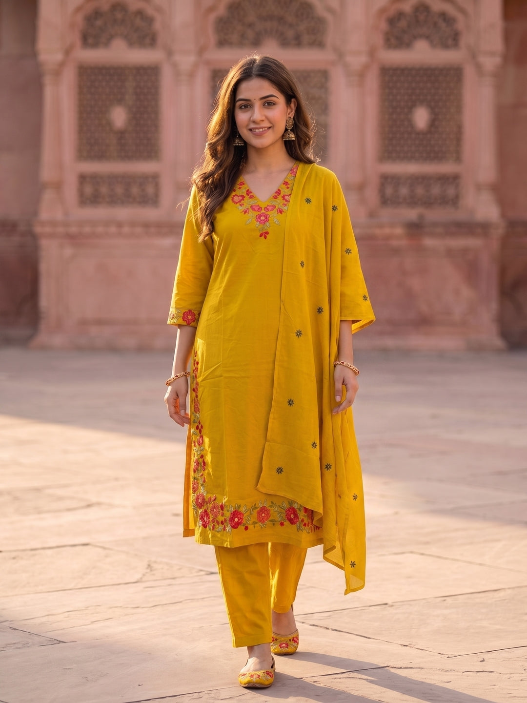 Solid Embroidered Straight Kurta with Pant & Dupatta - Mustard