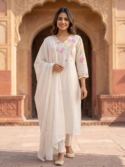 Solid Embroidered Straight Kurta with Pyjama & Dupatta - Off White