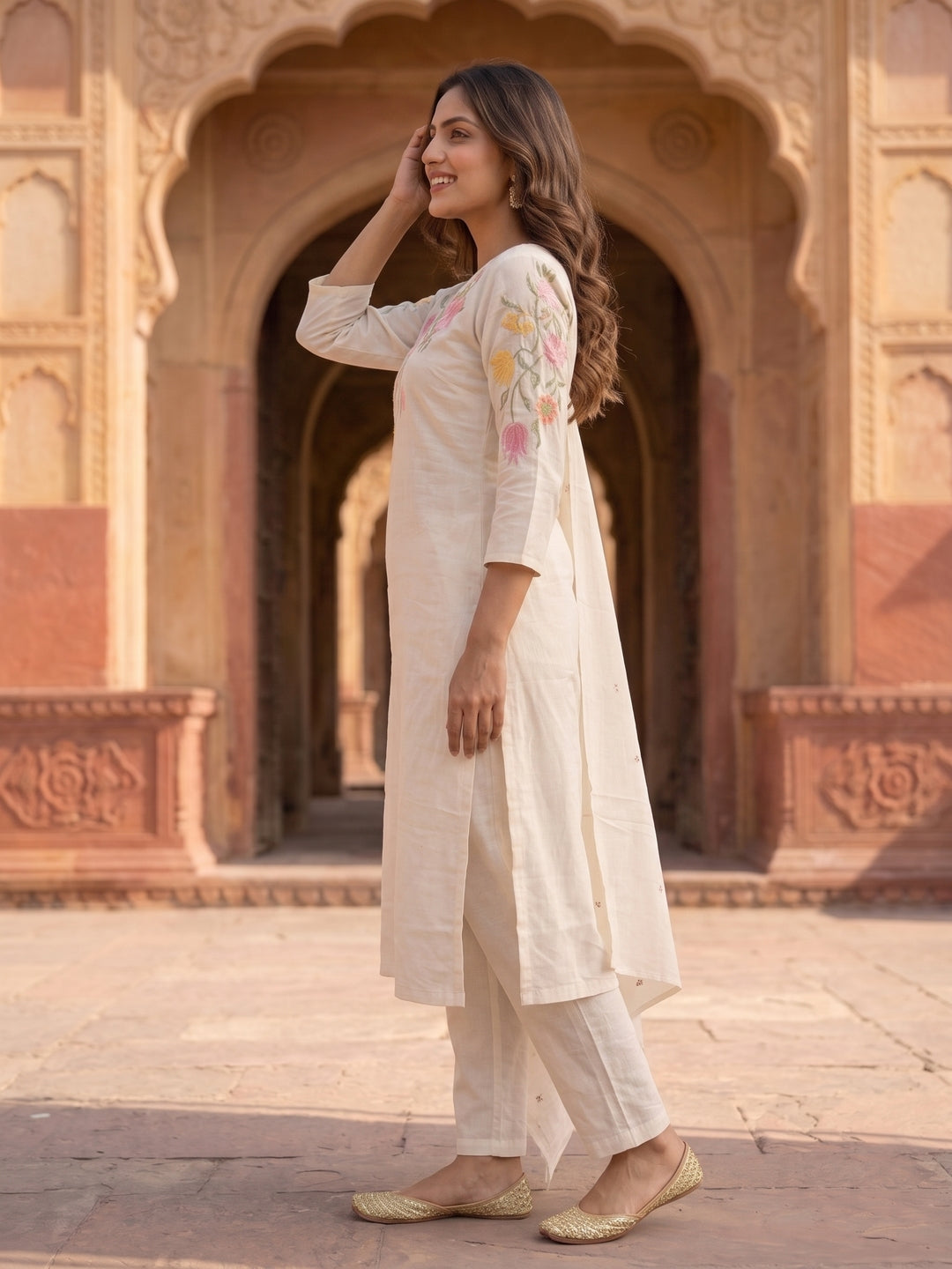 Solid Embroidered Straight Kurta with Pyjama & Dupatta - Off White