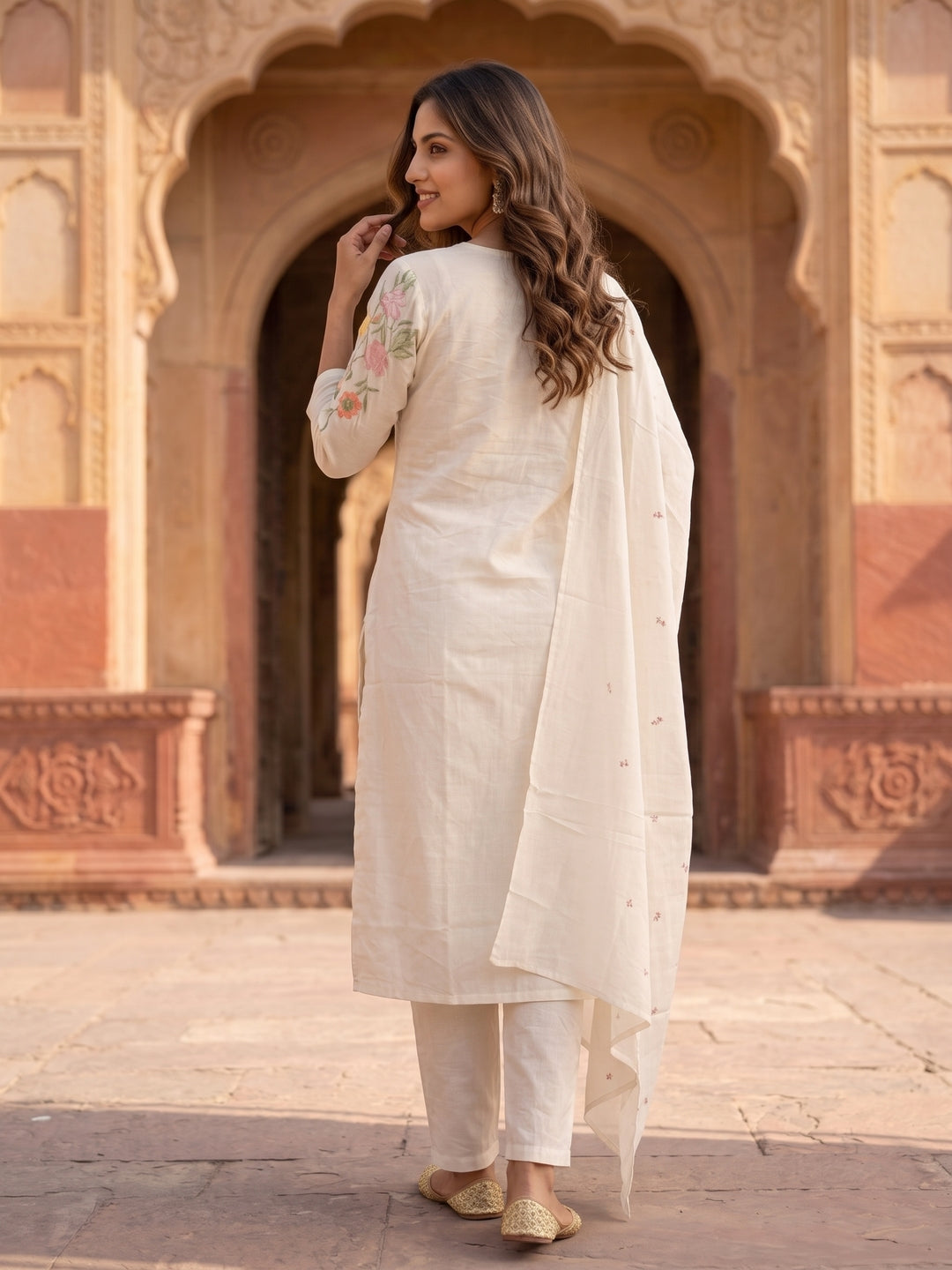 Solid Embroidered Straight Kurta with Pyjama & Dupatta - Off White