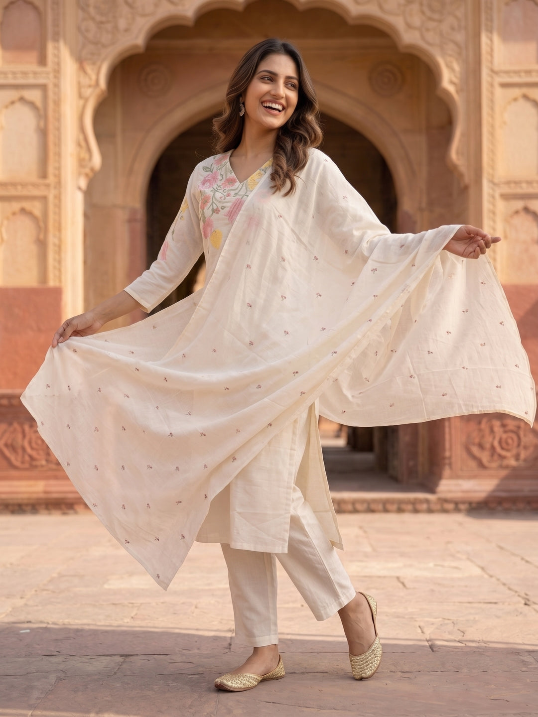 Solid Embroidered Straight Kurta with Pyjama & Dupatta - Off White