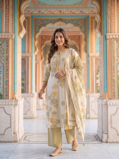 Floral Printed Straight Kurta with Pyjama & Dupatta - Mustard
