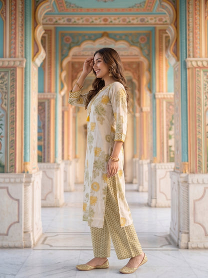 Floral Printed Straight Kurta with Pyjama & Dupatta - Mustard