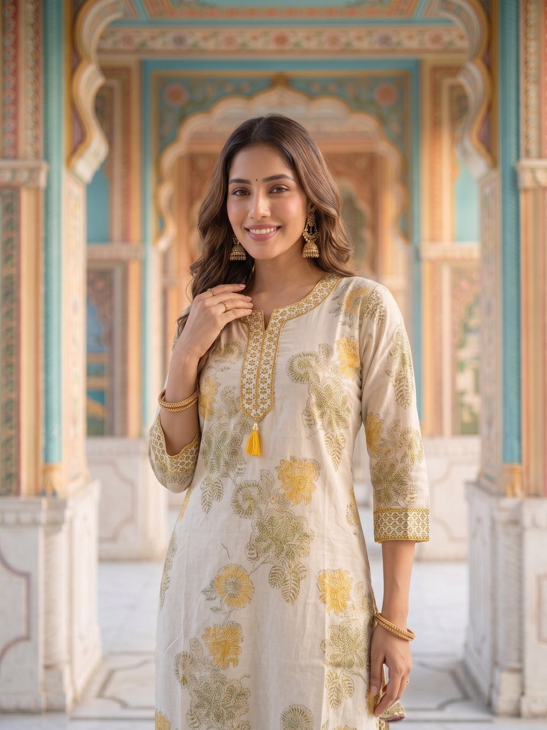 Floral Printed Straight Kurta with Pyjama & Dupatta - Mustard