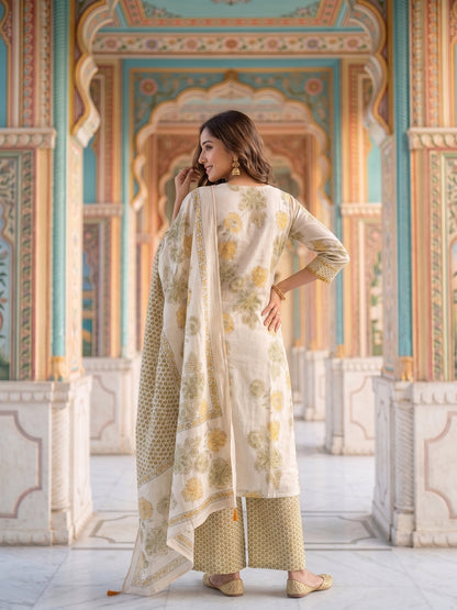 Floral Printed Straight Kurta with Pyjama & Dupatta - Mustard