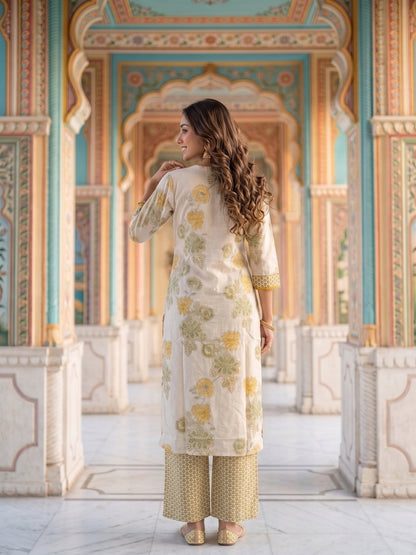 Floral Printed Straight Kurta with Pyjama & Dupatta - Mustard