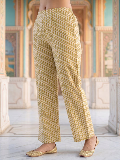 Floral Printed Straight Kurta with Pyjama & Dupatta - Mustard