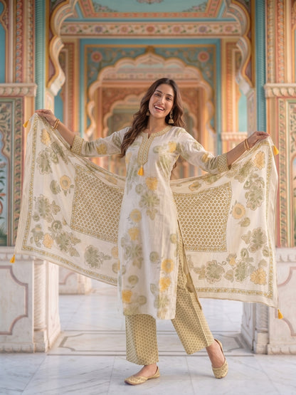 Floral Printed Straight Kurta with Pyjama & Dupatta - Mustard