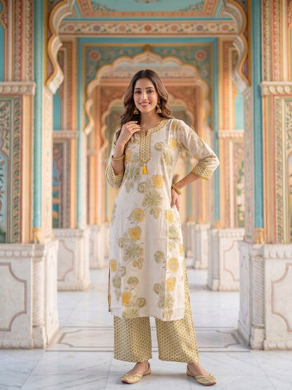 Floral Printed Straight Kurta with Pyjama & Dupatta - Mustard