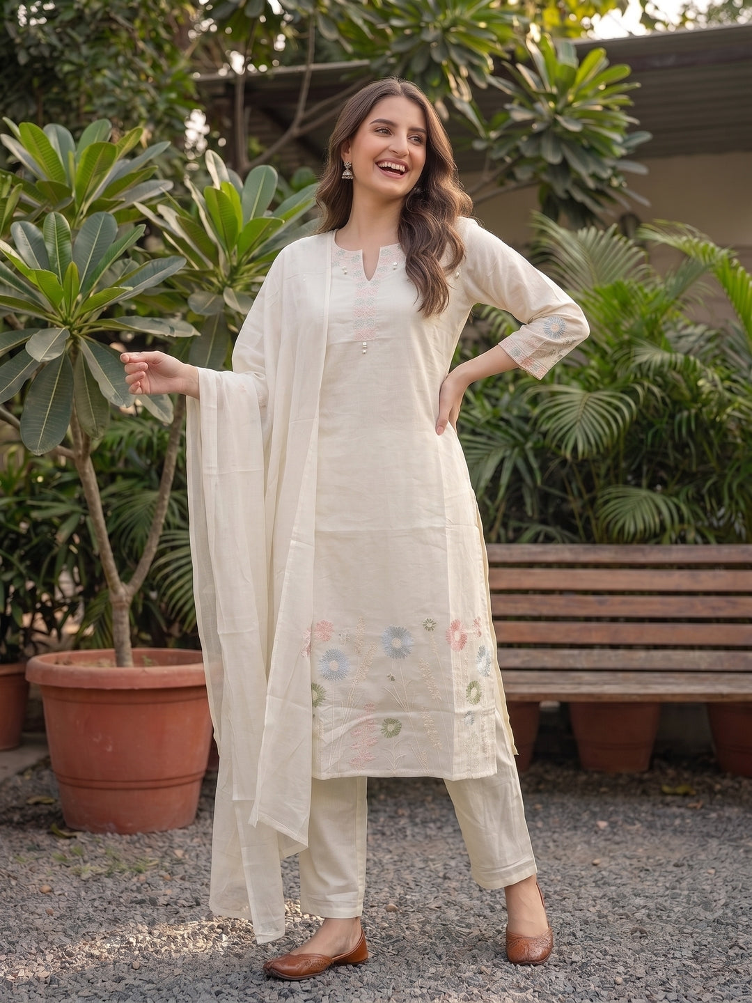 Off White Cotton Voile Embroidered Kurta Set with Pyjamas & Dupatta