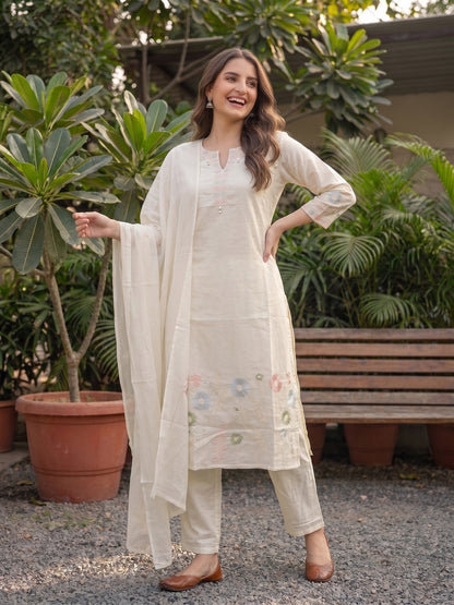 Off White Cotton Voile Embroidered Kurta Set with Pyjamas & Dupatta