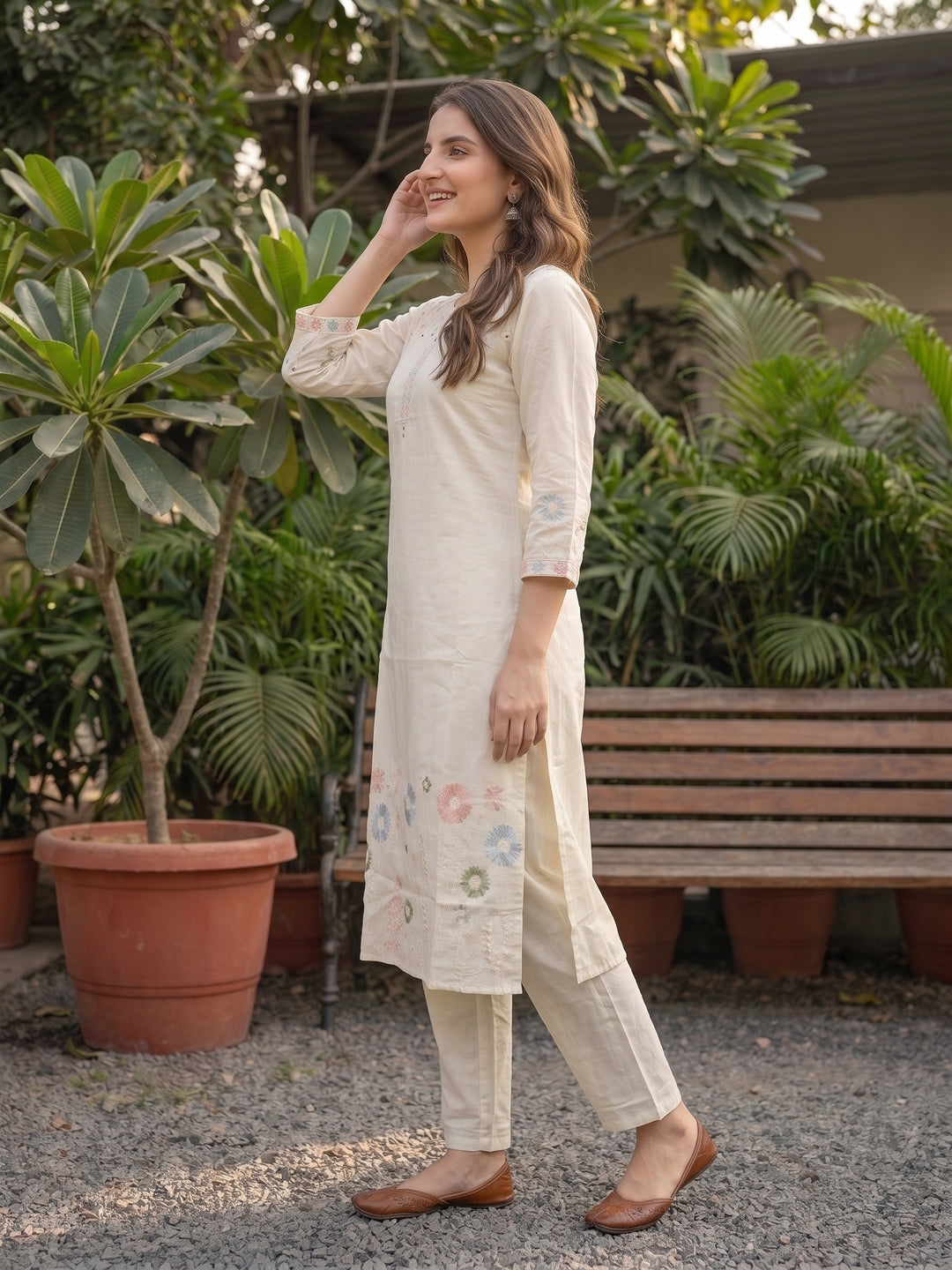 Off White Cotton Voile Embroidered Kurta Set with Pyjamas & Dupatta