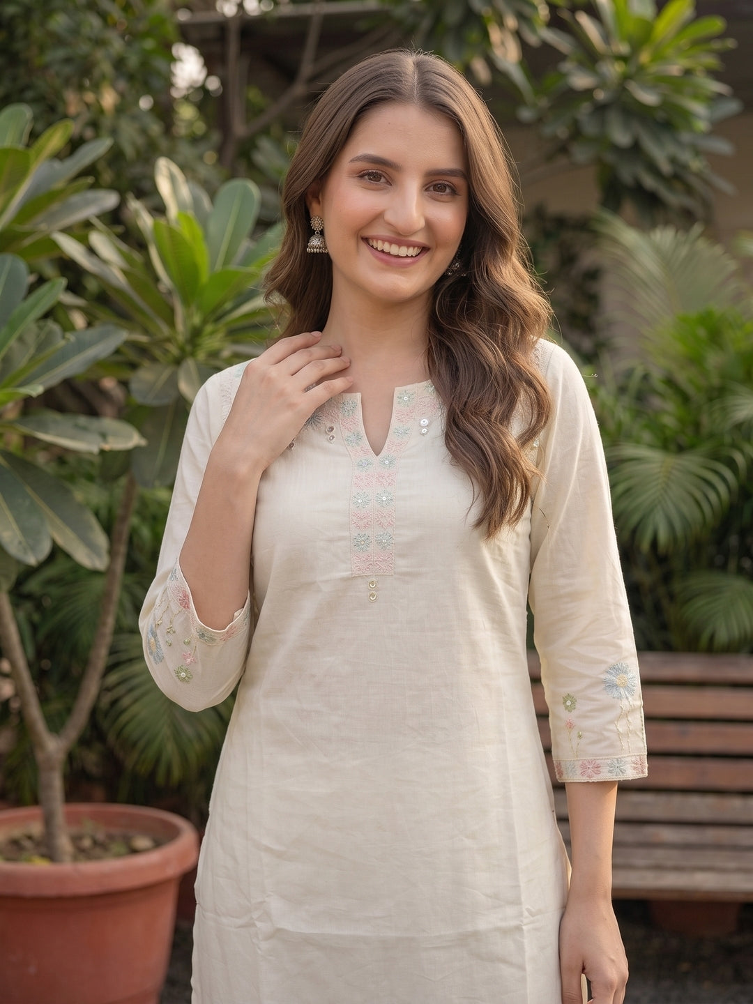 Off White Cotton Voile Embroidered Kurta Set with Pyjamas & Dupatta