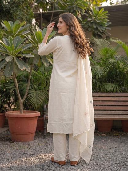 Off White Cotton Voile Embroidered Kurta Set with Pyjamas & Dupatta
